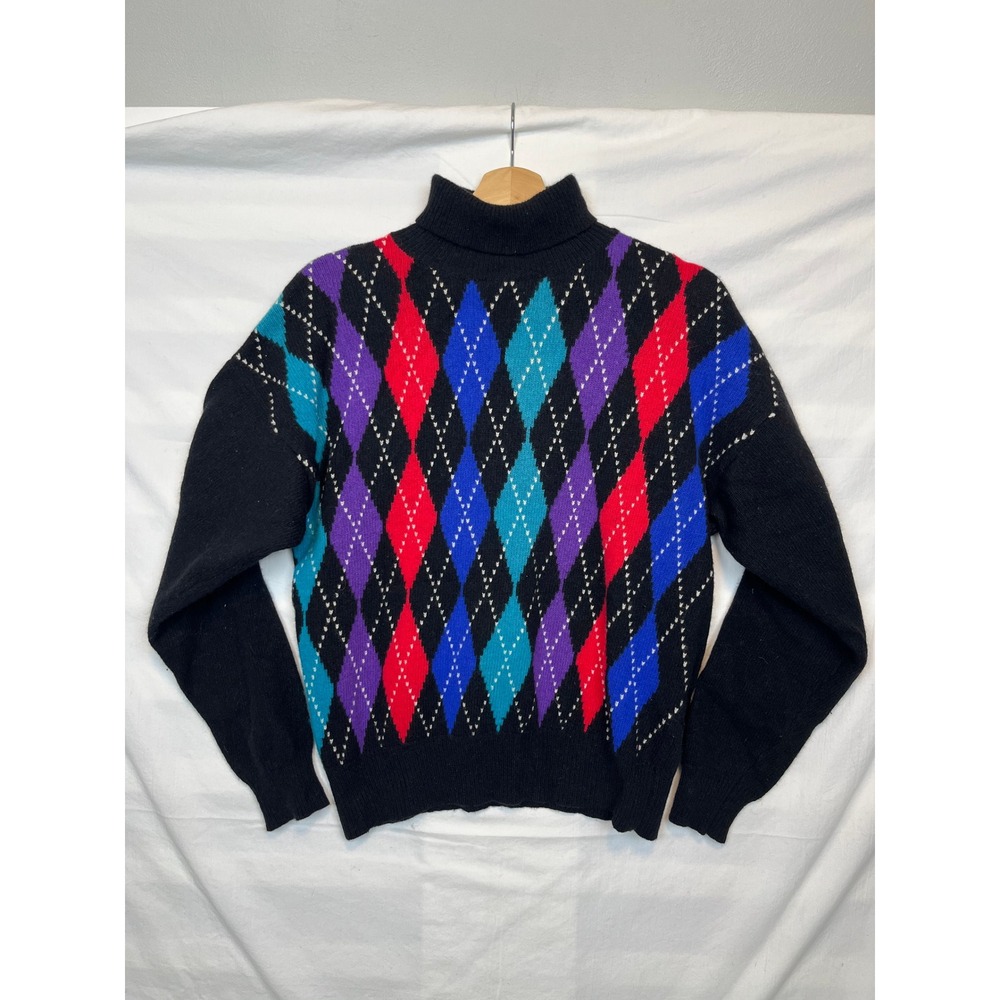 VTG Rafaella Argyle Turtleneck Fuzzy‎ Artsy Angora Lambswool Dark Academia 80s L